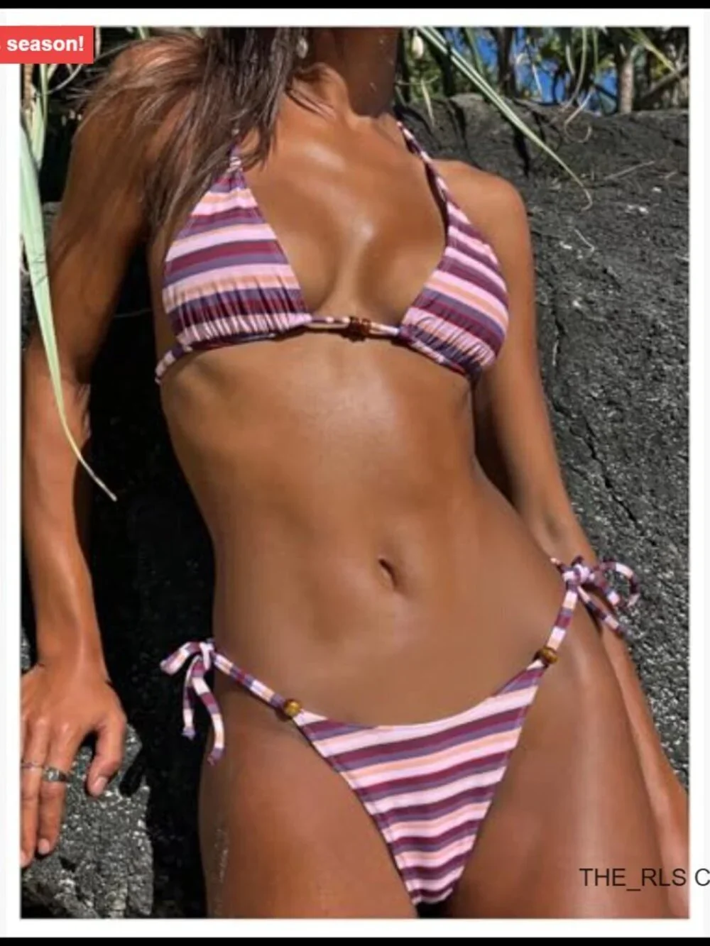 Striped Triangle Thong Micro Bikini Set Halter Swimsuits